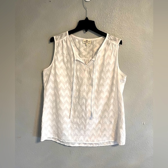 White, sleeveless blouse. Chevron print, tie front. - Picture 1 of 4